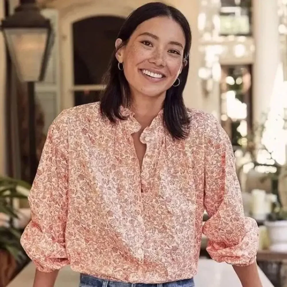 LOFT Peach Orange Floral Ruffle Neck Peasant Blouse Size Medium Petite - Picture 8 of 11